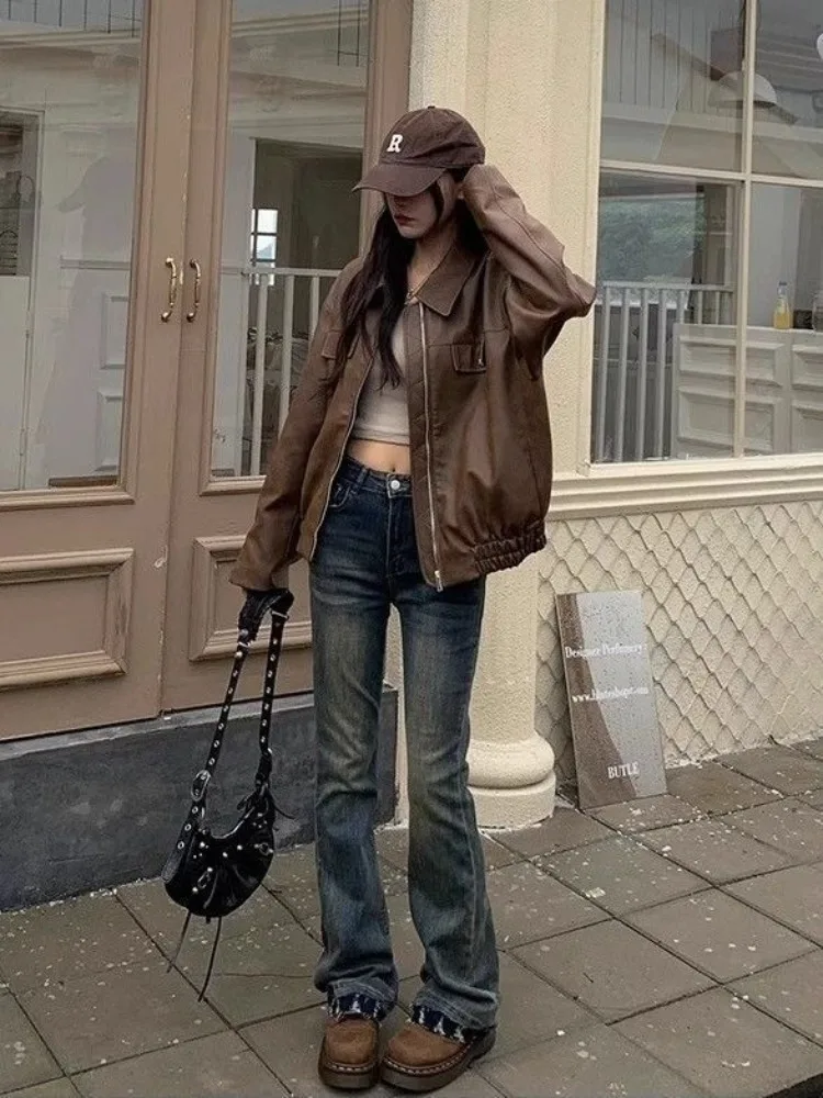 Chaqueta de cuero Vintage marrón High Street para mujer, ropa de calle coreana, chaqueta de cuero informal con cremallera, abrigo holgado de moda de verano para mujer