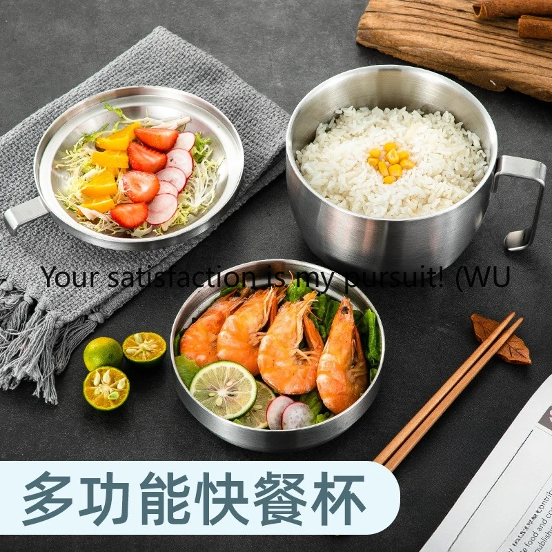 Stainless steel double-layer instant noodle bowl, large-capacity heat-insulated fast food cup with lid, gift lunch box. view 2