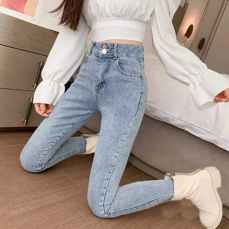 

Джинсы с высокой талией, облегающие женские джинсы до щиколотки, эластичные растягивающиеся брюки с девятью точками, осень-зима, Новое поступление