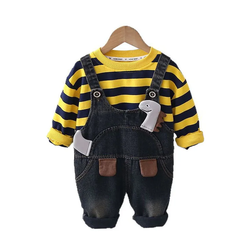 Toddler 2 Piece Outfit 2025 Spring Baby Boy Boutique Clothes 1-5T Korean Striped Dinosaur Pullovers and Denim Overalls Kids Set