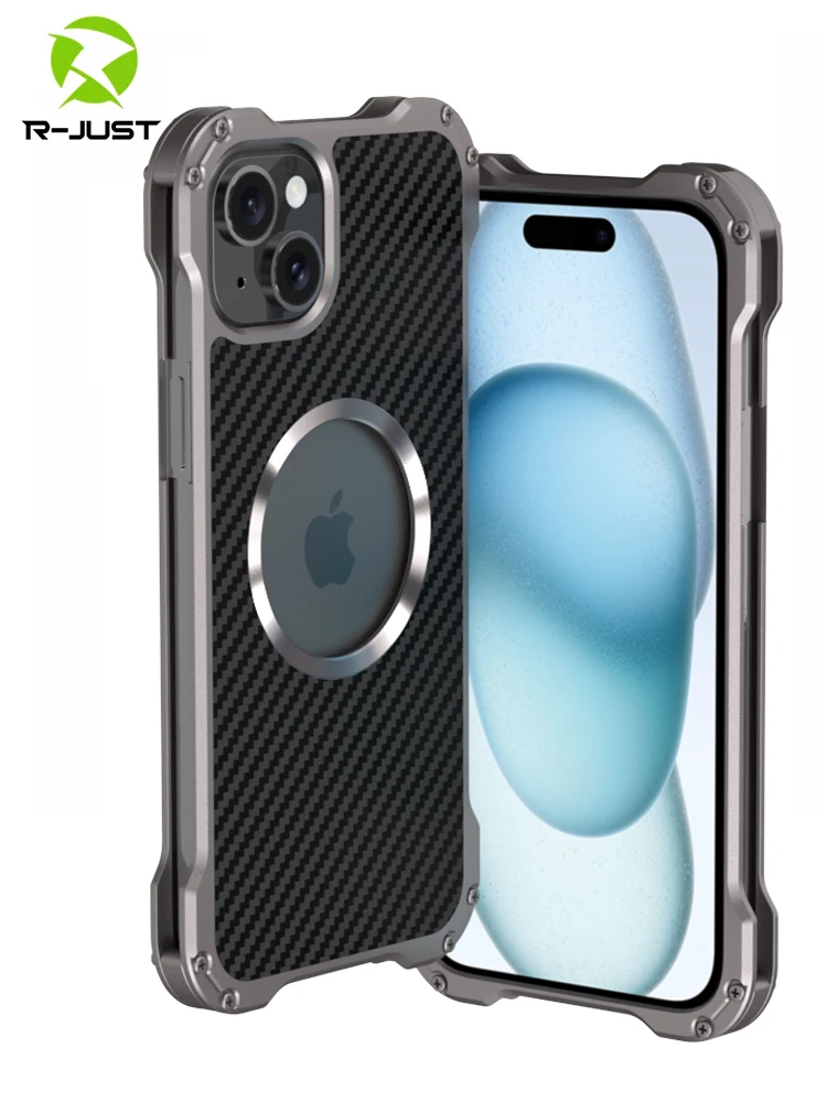 R-JUST Luxury Metal Cover For iphone 15 Pro Max Case 14 Plus 13 Pm 12 Shell Funda Carbon Fiber Back WIth Camera Lens Protector