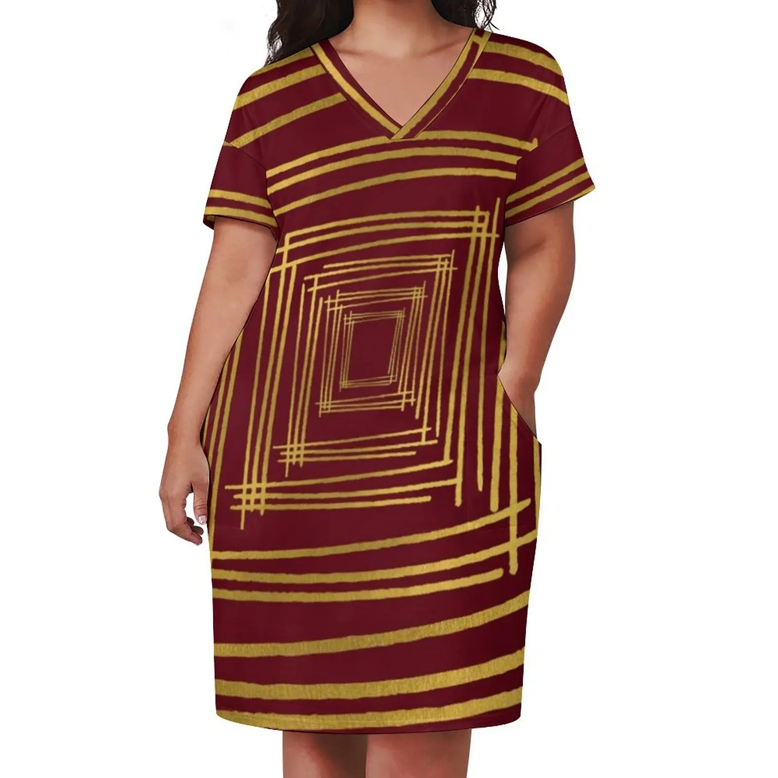 Garnet and Gold stripes Loose Pocket Dress evening dresses ladies luxury women