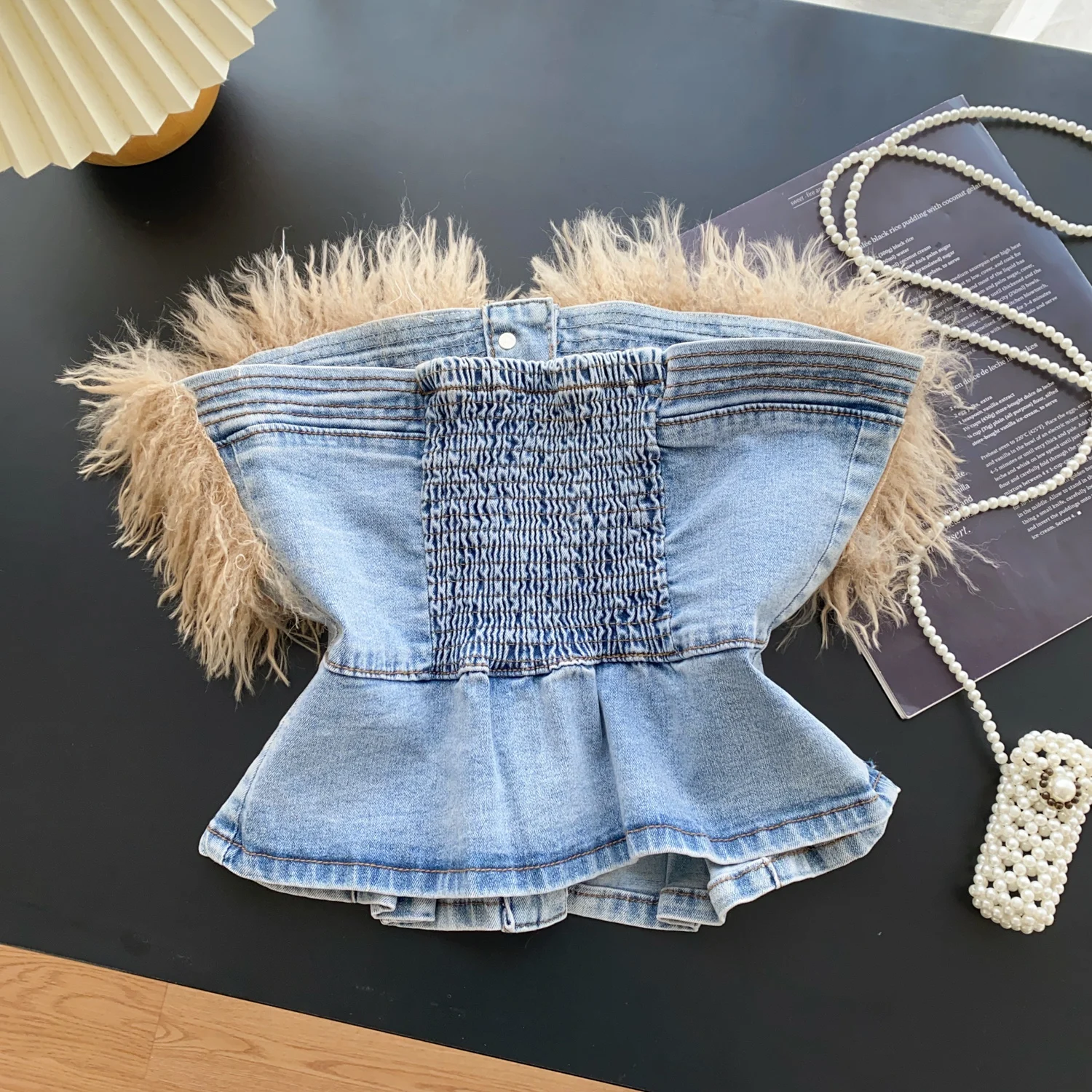 Women Y2K Denim Crop Top Vest Chic Backless Off Shoulder Strapless Corset Tube Top Sexy Hairy patchwork  Jeans Camisole Top