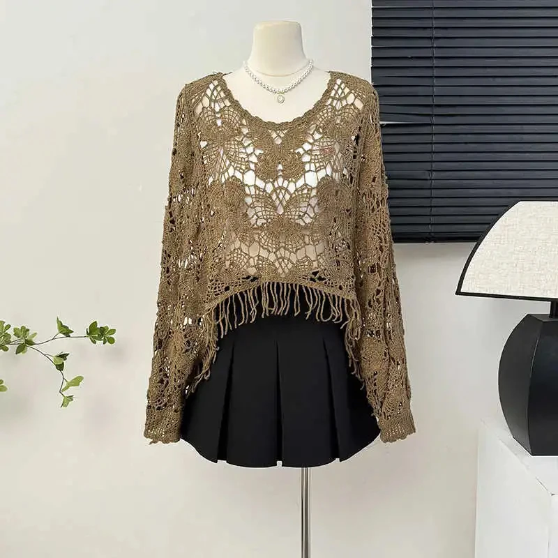 Butterfly Crochet Top Women Beach Cover Up Fringed Batwing Sleeve Open Knit Crop Poncho Pullover Sweater Vacation Boho Outfit