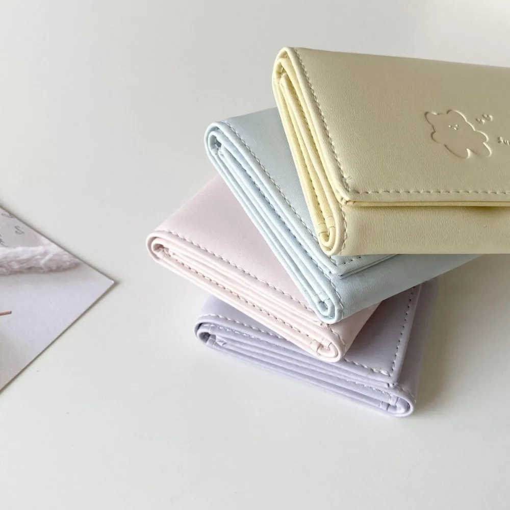 Cute PU Trifold Wallet Solid Color Leather Rope Short Coin Wallet Ins Clutch Pouch Zipper Zero Wallet Work