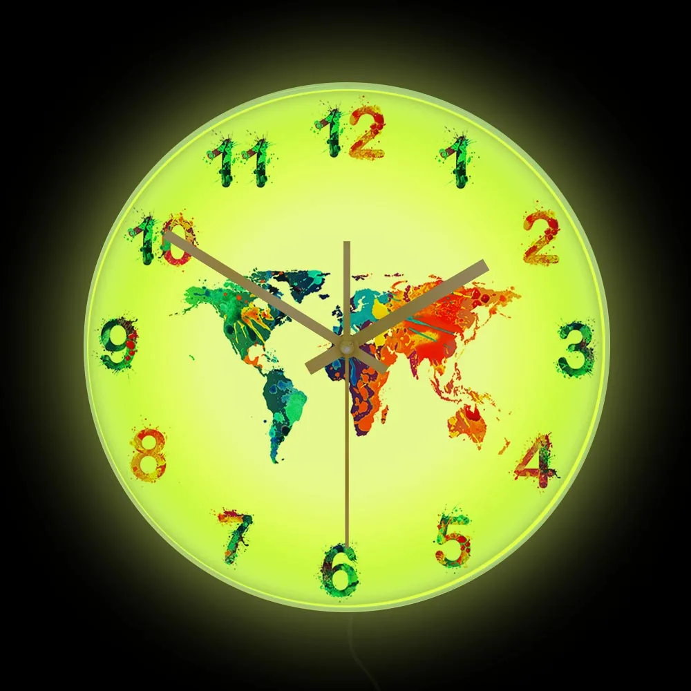 

World Map Watercolor Art LED Backlit Wall Clock Night Light Home Decor Geography Minimalist Decor Silent Wall Watch For Bedroom