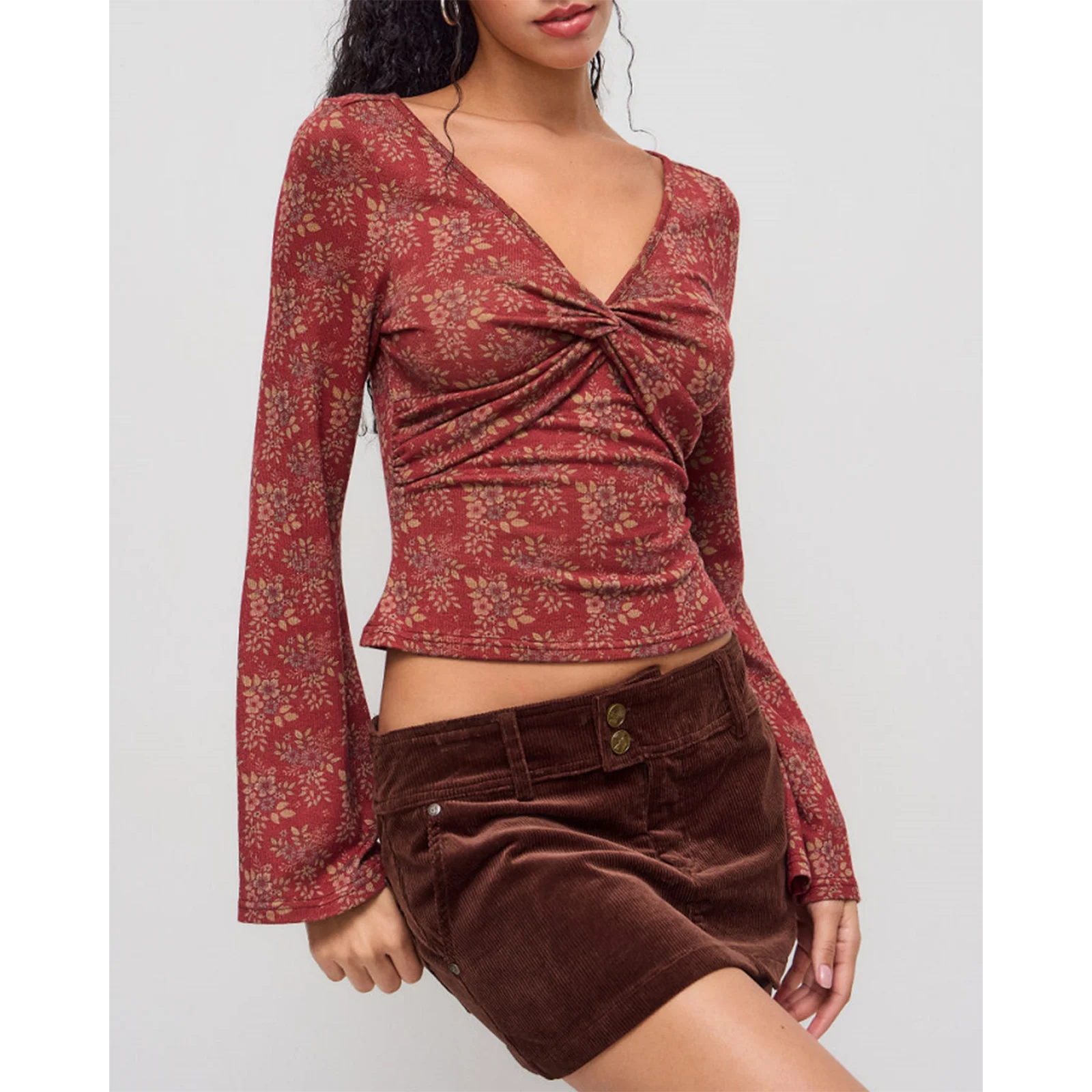 المرأة أزياء بلوزة عارضة فضفاضة طويلة الأكمام بلوزة عارضة سليم صالح الأزهار طباعة الخامس الرقبة قمم الخريف الربيع ملابس الشارع الشهير