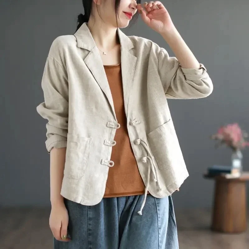 Retro Button Cotton Linen Suit Jacket Women's Spring Autumn 2024 New Loose Thin Chinese Style Suit Coat Fashion Outerwear Tops