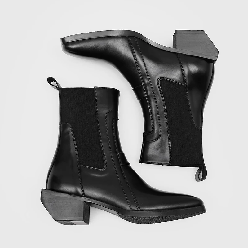 Botas Chelsea de estilo occidental para hombre, de color negro, con punta afilada, tacón cubano, elástico lateral, diseño retro, para llevar con vestidos y que cubren el tobillo.