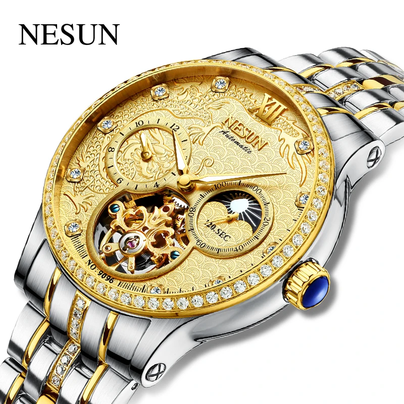 Switzerland Nesun For Men Skeleton Automatic Watch Casual Wristwatch 100m Waterproof Mechanical Rhinstone Diamond Reloj Hombre