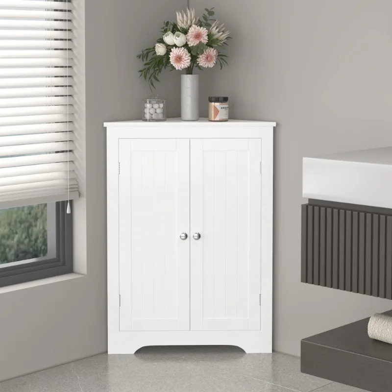 

White Bathroom Floor Cabinet with Doors Freestanding Storage Organizer for Toiletries and Bathroom Essentials