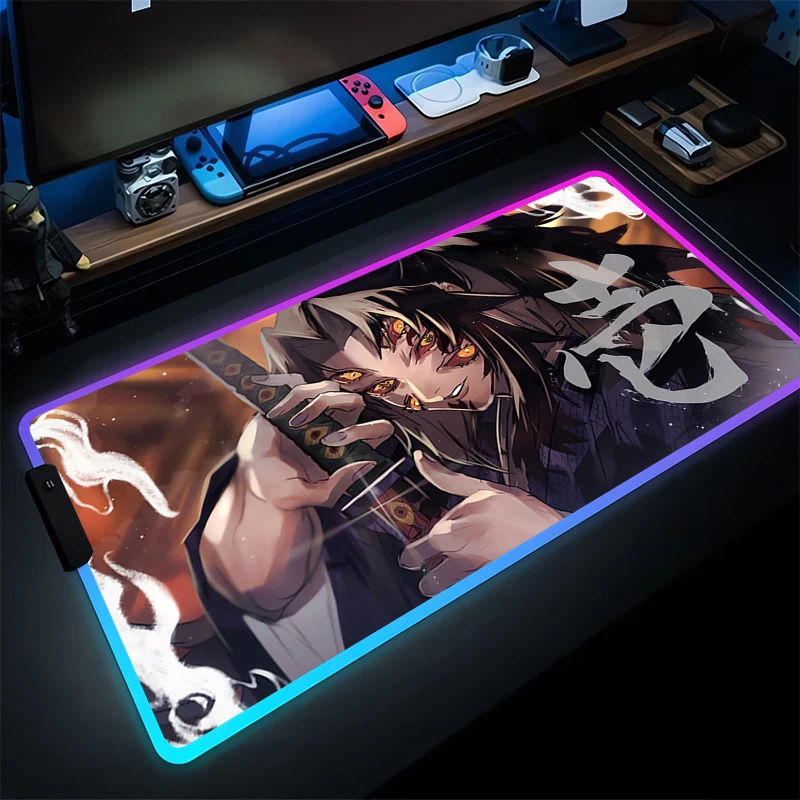 RGB Mouse Pad Karet PC Komputer Gaming Aksesoris Bercahaya Mousepad Demon Slayer Kokushibo HD Meja Tikar LED Gamer Keyboard Pad