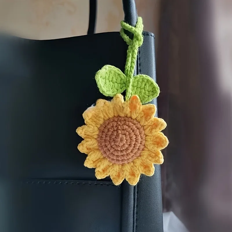 1PC Handcrafted Crochet Sunflower Charm Rustic Car Mirror Hanger Bag Pendant Accessory for Women
