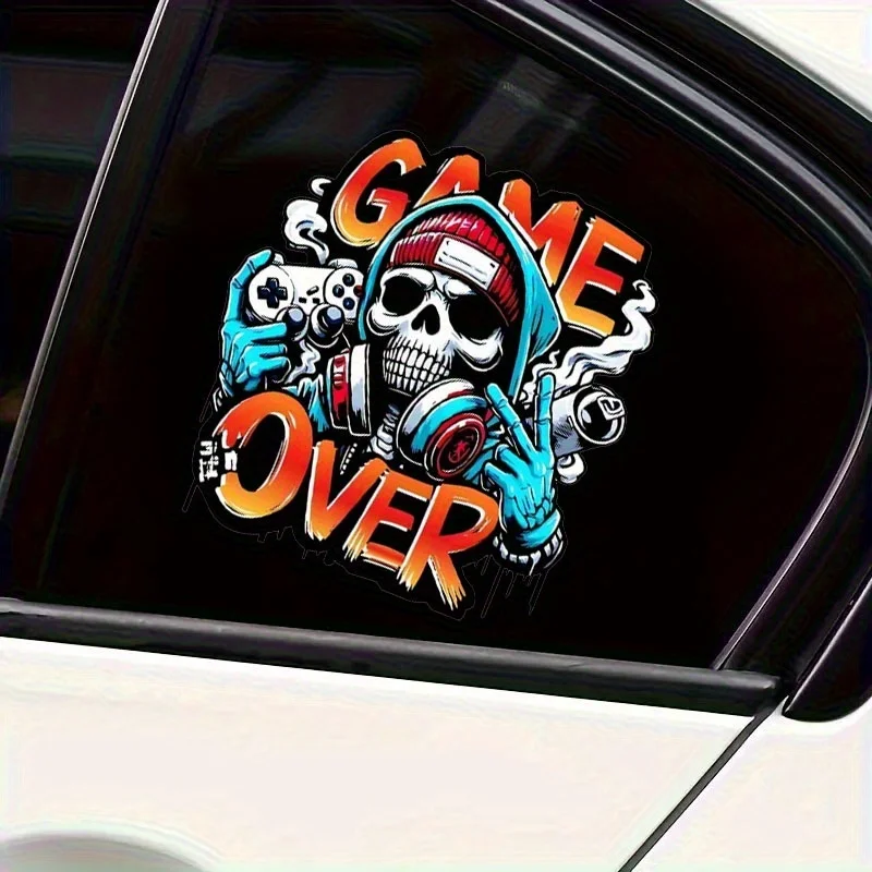 قطعة واحدة من ملصق جمجمة للألعاب (سماعات رأس وحدة تحكم الألعاب) شارات فينيل مقاومة للماء باللون البرتقالي والأزرق والأبيض لتزيين السيارة
