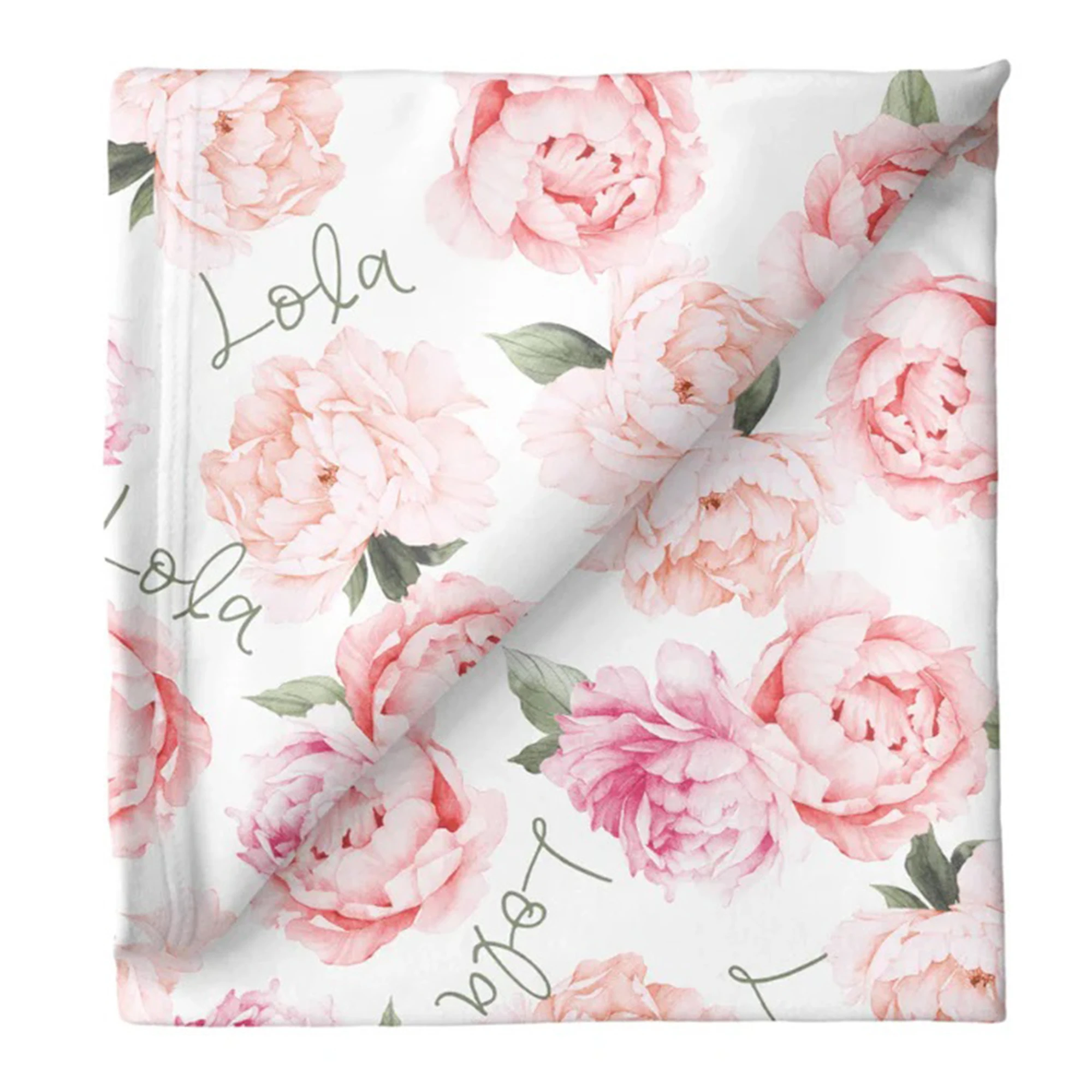 UOOPOO Personalized Name Swaddle Blanket Peach Peony Blooms, Baby Hat, Bow, Pillowcase, Baby Swaddle, Baby Blanket