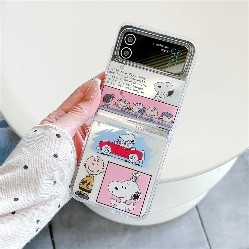 Funny Cute Snoopy Charlie Bus Phone Cover For Samsung Z Flip4 Flip3 Flip5 Flip6 Folding Cartoon Clear Y2K Bracelete Lanyard Case