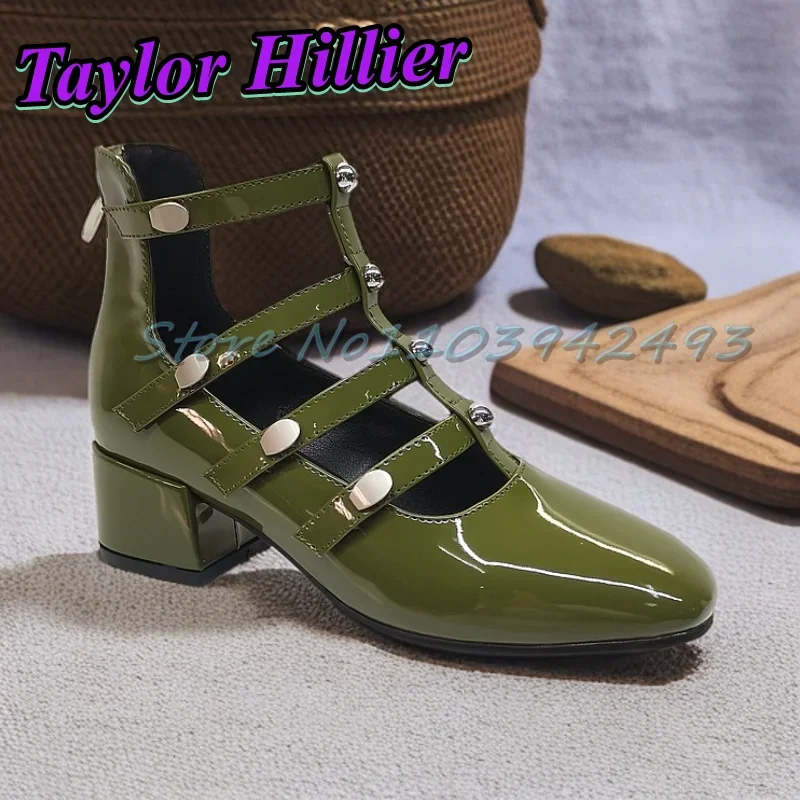 

Зеленые сандалии-гладиаторы на каблуке с заклепками, женская дизайнерская роскошная обувь из лакированной кожи, однотонные сандалии De Mujer, римский дворец с ремешками