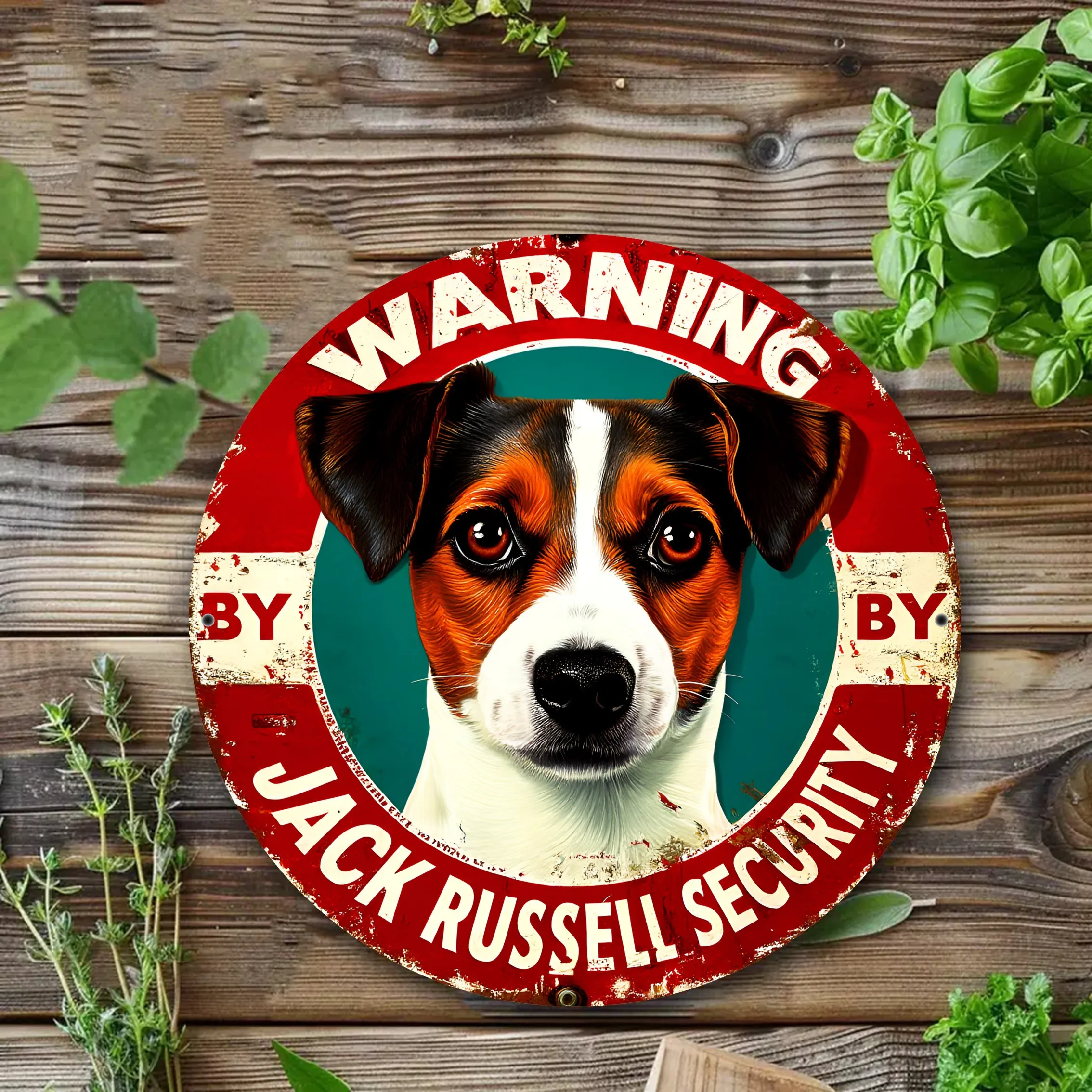 2D Flat - 1pc Beagle Warning Metal Wall Art Sign - Humorous 'By Jack Russell Security' Design, 7.8x7.8inch, Vintage Metal Decor