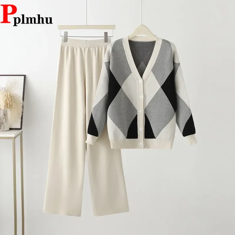 

Casual Fall Winter Knitted Women 2 Piece Sets Korea High Waist Wide Leg Pants Suits Elegant Plaid Sweater Cardigan Tops Outfit