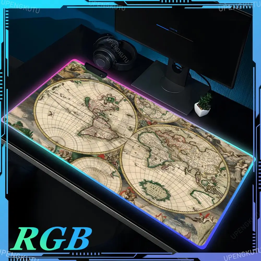 RBB old map table mat popular large mousepad LED game accessories computer keyboard pad HD rubber PC non-slip luminous mouse pad