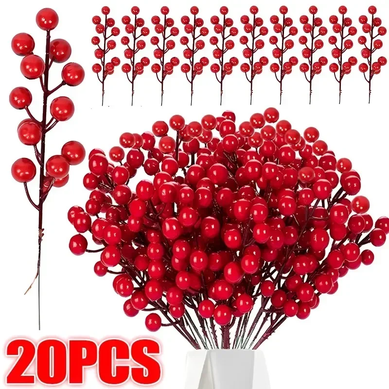 20/1Pcs Christmas Artificial Berries Fake Holly Berry Flower Stamen Bouquet DIY Christma Wreath Xmas New Year Gifts Table Decor