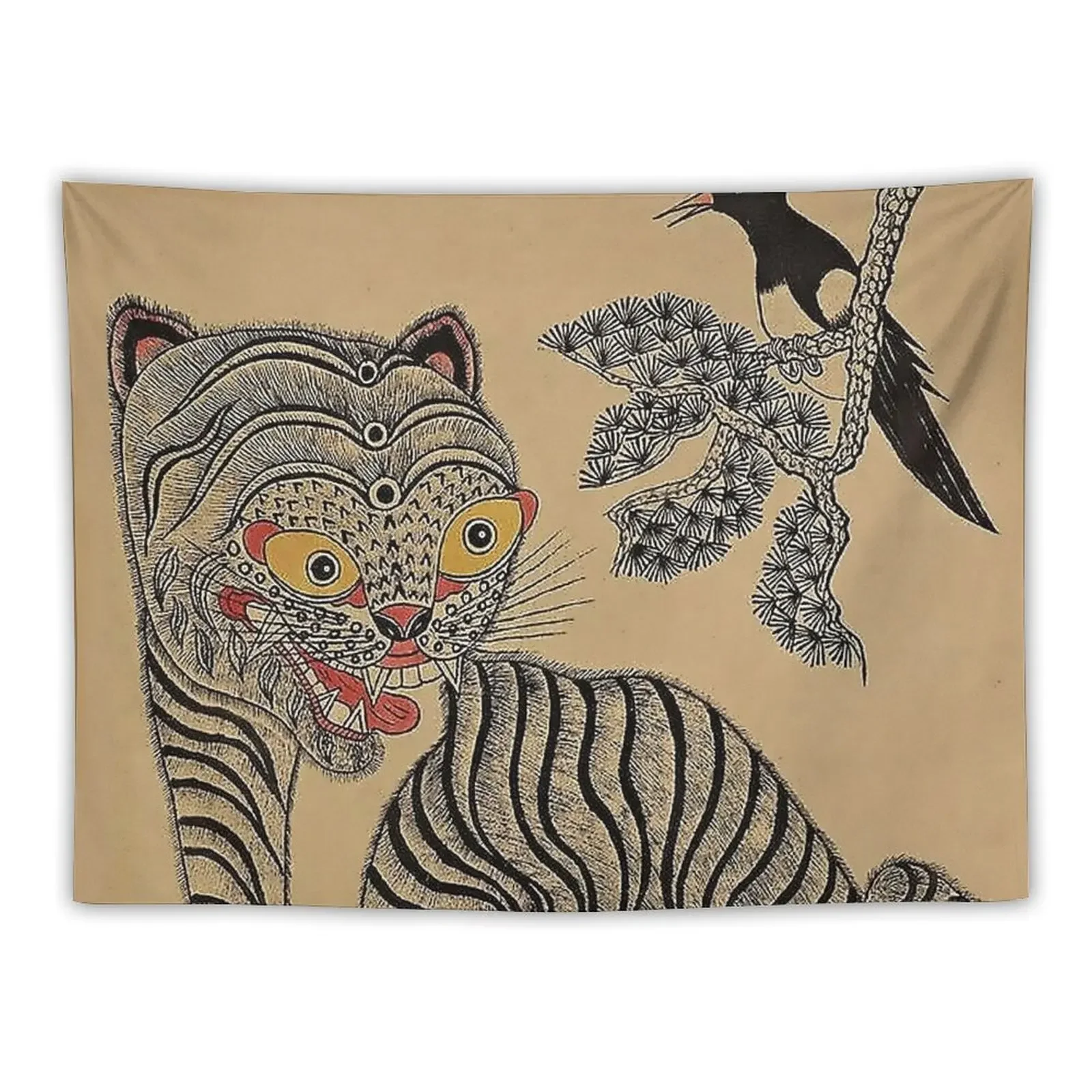 Vintage Korean Minhwa Tiger Scroll Tapestry Wall Deco Decoration Wall Tapestry