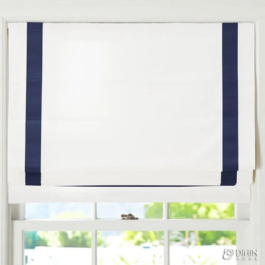 

New Arrival Roller Blinds Custom Made Roman Shades White With Navy Blue Trims Window Drapes For Living Room Included Mechanism