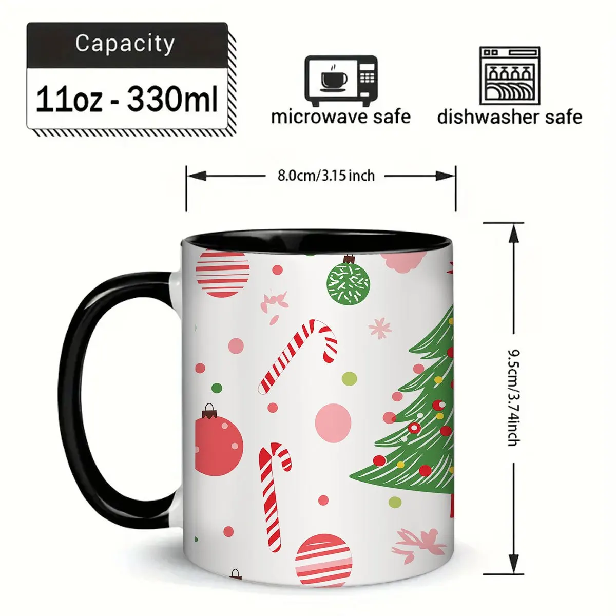 1pc 11oz Multicolor Mug Festive Christmas Tree Candy Cane Ornament Pattern Daily Use Ideal Gift for Family Friends Colleagues During Holiday Season