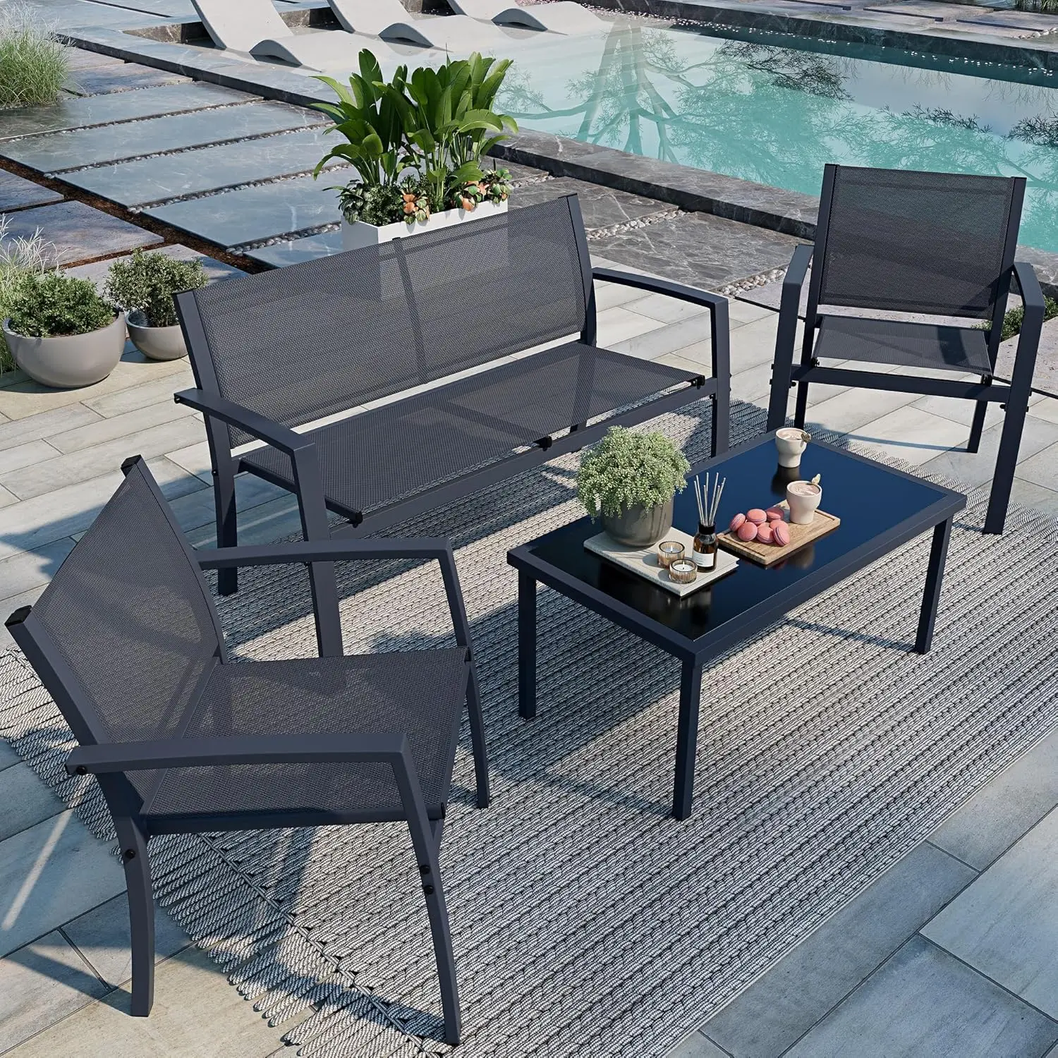 

4-Piece Patio Furniture Set with Glass Coffee Table, Loveseat & 2 Chairs, Breathable Textile, Sturdy Steel Frame, Modern Design for Outdoor Use
