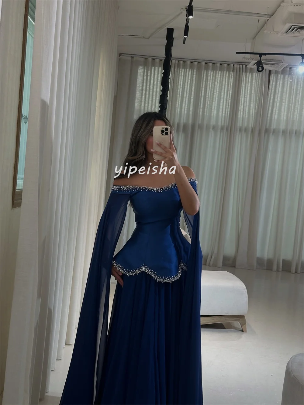Exquisite Intricate Casual Chiffon Beading Rhinestone Sequined A-line Off-the-shoulder Long Dresses Bespoke Occasion Dresses