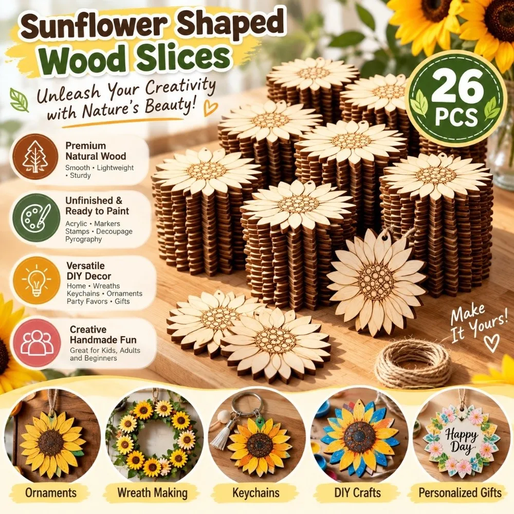 26Pcs Sunflower Shaped Wooden Decorative Painting Handmade Unfinished Wood Slices Decor Graffiti Craft Double Sided