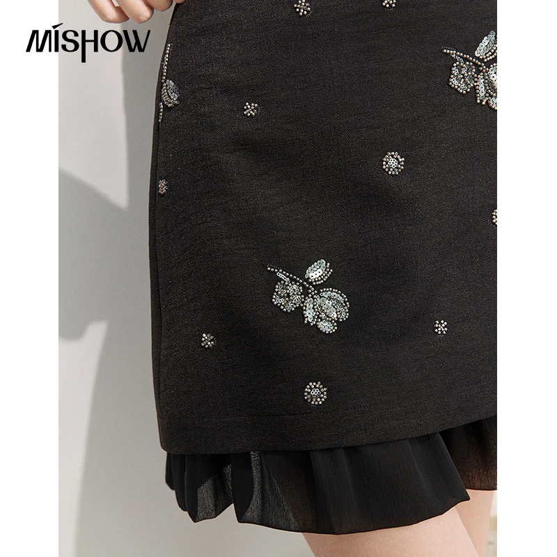 MISHOW Black Beaded Sequin Floral Half Length Skirt 2026 Summer Slimming A-Line Casual Fashion Commuting Short Skirt MXF22B2502