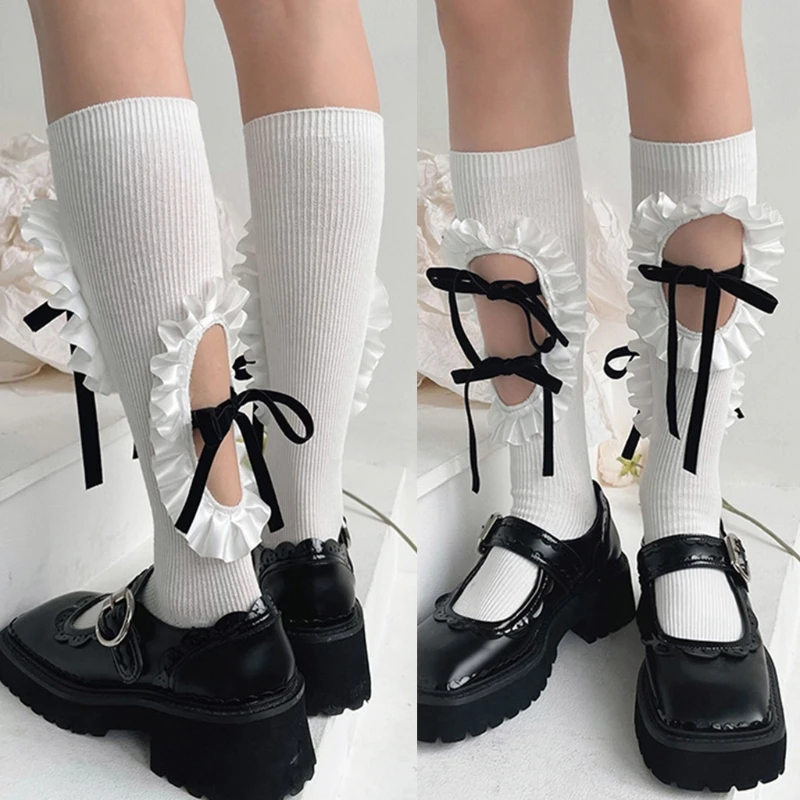 Japanese Women Girls Ribbed Calf Socks Harajuku Hollow Out Hole Ruffled Patchwork Lace-Up Bowknot Student Cotton Tube