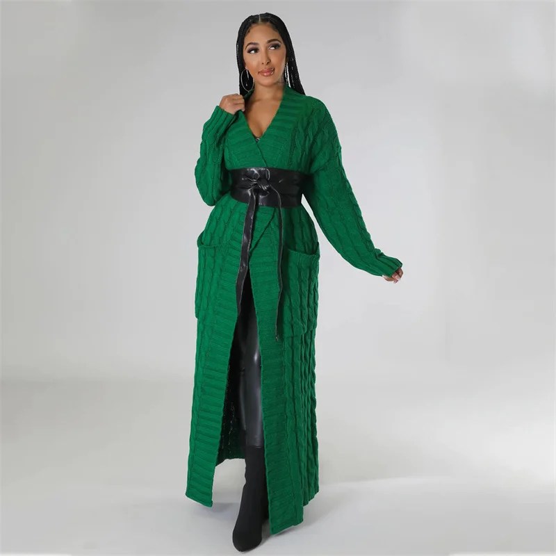 Robe Cardigan tricotée côtelée pour femmes, vêtements d'hiver chauds à manches longues, Maxi, poches élégantes, robes droites longues