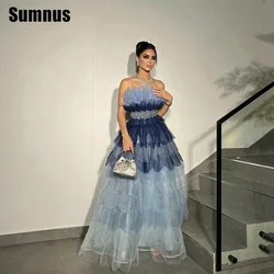 Sumnus Gradient Ruffles Tiered A Line Prom Dresses Strapless Pleats Dubai Arabic Women Formal Evening Gowns Pretty Party Dress