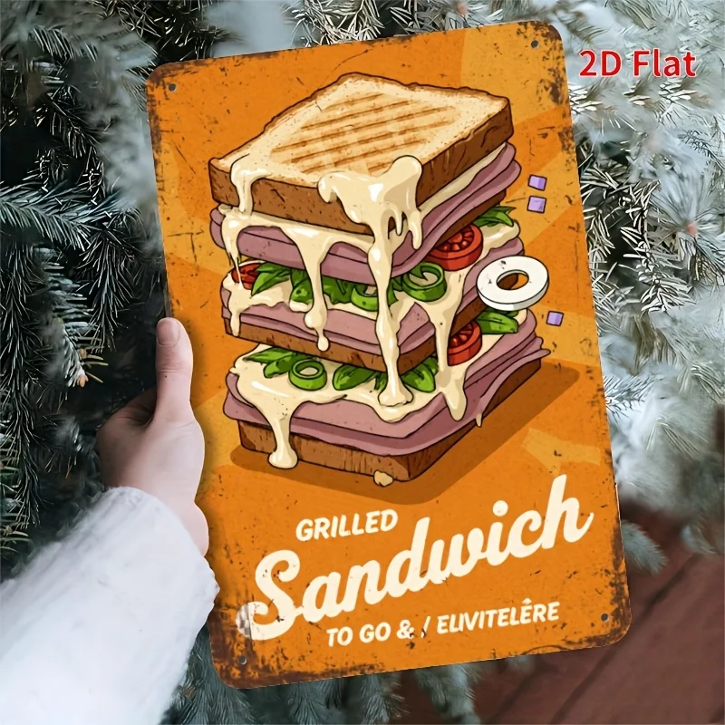 Letrero Metálico Retro 2D Plano de 1 Pieza con Diseño de Queso Asado y Sándwich - Decoración Vintage para Comedor de 8x12 Pulgadas con Queso Derretido, Tomate y Lechuga