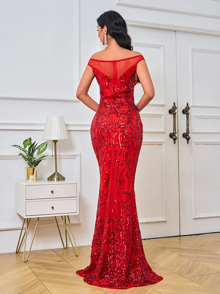 Elegante abito da sera con paillettes rosse da donna con spalle scoperte a sirena vestidos de noche occasioni formali prom glamour moda donna