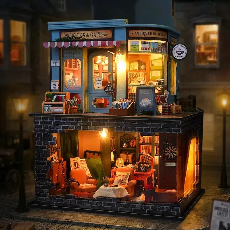 DIY Wooden Cafe Detective Studio Cottage Miniature Dollhouse 3D Puzzle Assembly Model Kits for Adults Birthday Gifts Home Decor