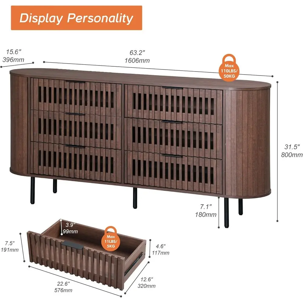 침실, 거실, 복도용 곡선형 디자인의 6단 월넛 수납장