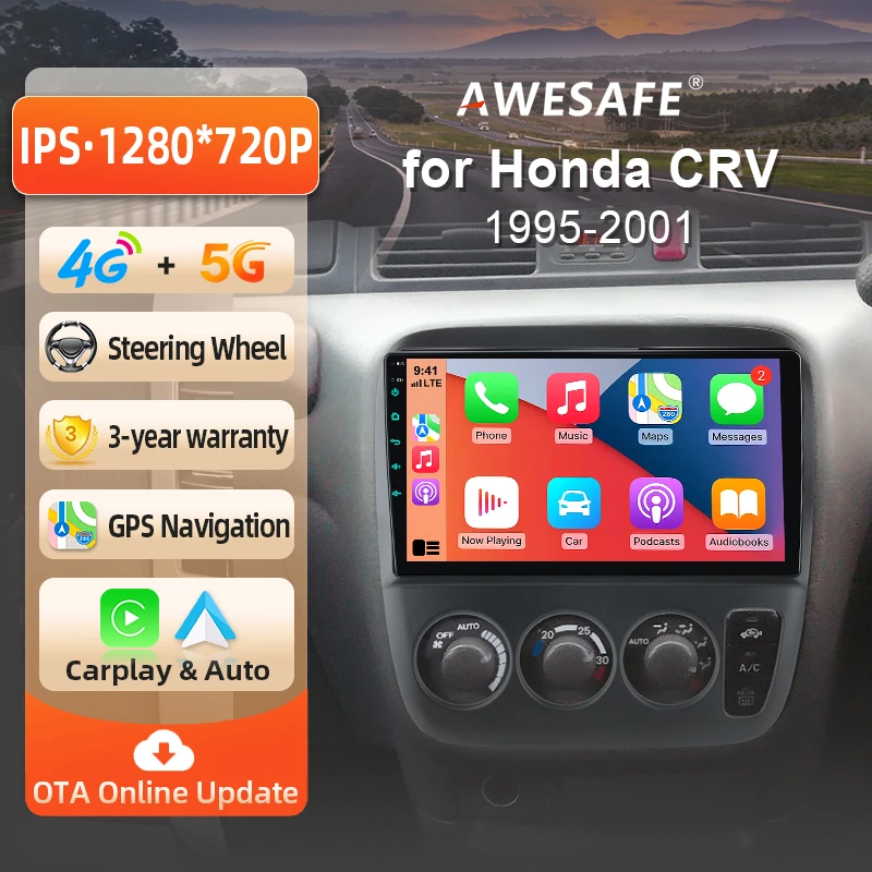 AWESAFE Radio Android 9 pouces pour Honda CRV CR-V RD1 1995-2001, CarPlay sans fil et Android Auto, navigation GPS, support multimédia, commande au volant, amplificateur de subwoofer, caméra arrière, prise EU, Plug and Play, DAB+, autoradio numérique 2 DIN, stéréo RDS DSP FM BT