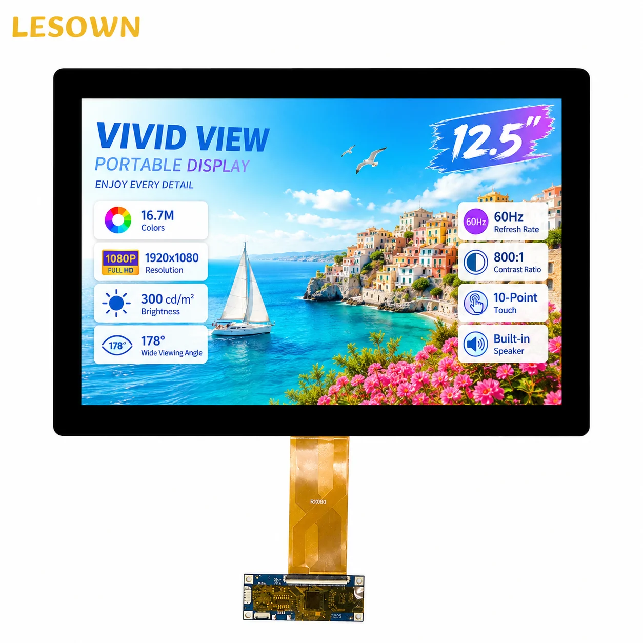 LESOWN 12.5 inch LCD Matrix 1080P FHD Display Unit with Speaker Driver-Free Connection
