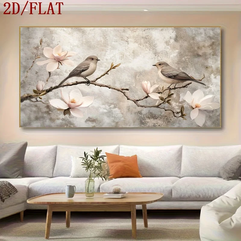 2DFlat,Frameless Modern Abstract Retro Sparrow Canvas,Soft Gray and White Tones with Pink Wisteria Flower and Bird,Bedroom Decor