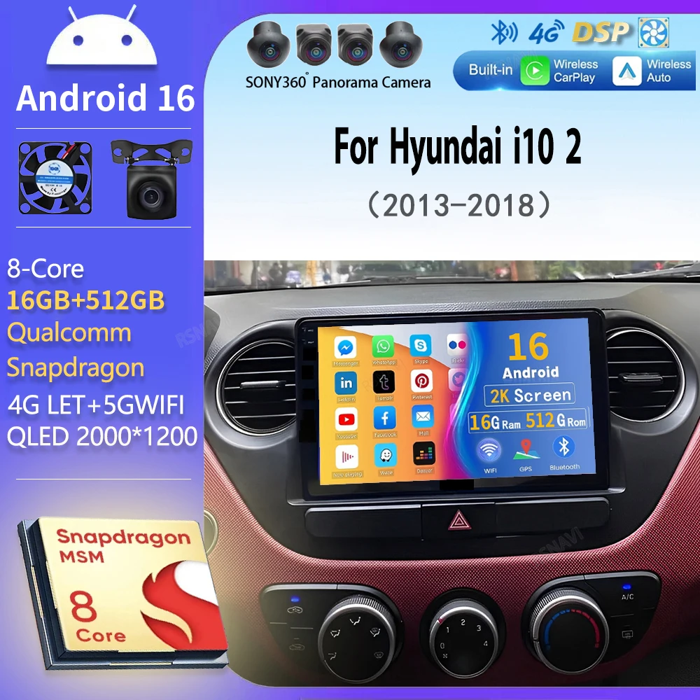 Android 16 For Hyundai i10 2 2013 - 2018 LHD 2K QLED Stereo Car Radio Multimedia Video Player GPS WIFI DVD CarPlay 4G Navigation