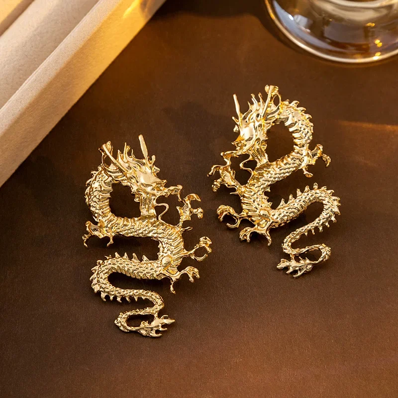 Silver Needle Chinese Style Retro Ancient Dragon Carved Earrings Primitive Year Earrings Wholesale For Women Female