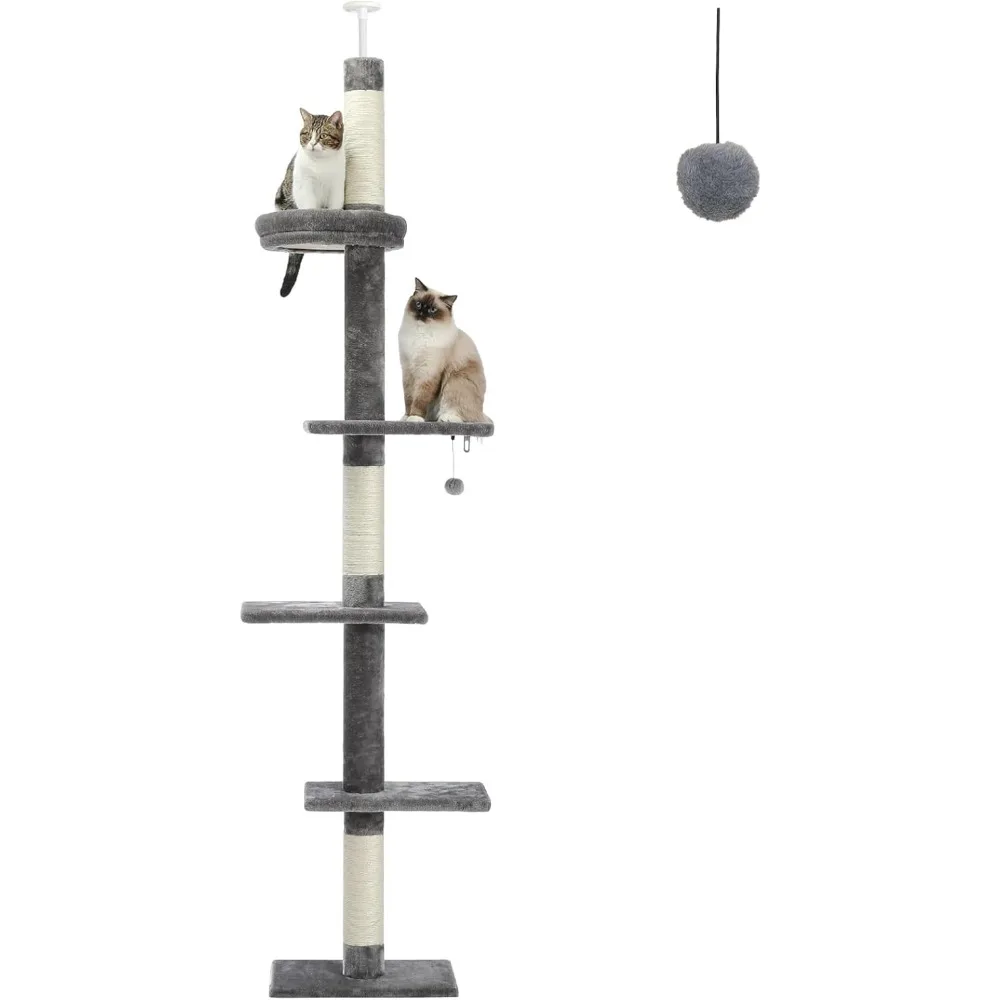 

Cat Tower 5-Tier Floor to Ceiling Cat Tree Height Adjustable, Tall Climbing Tree Featuring with Scratching Post