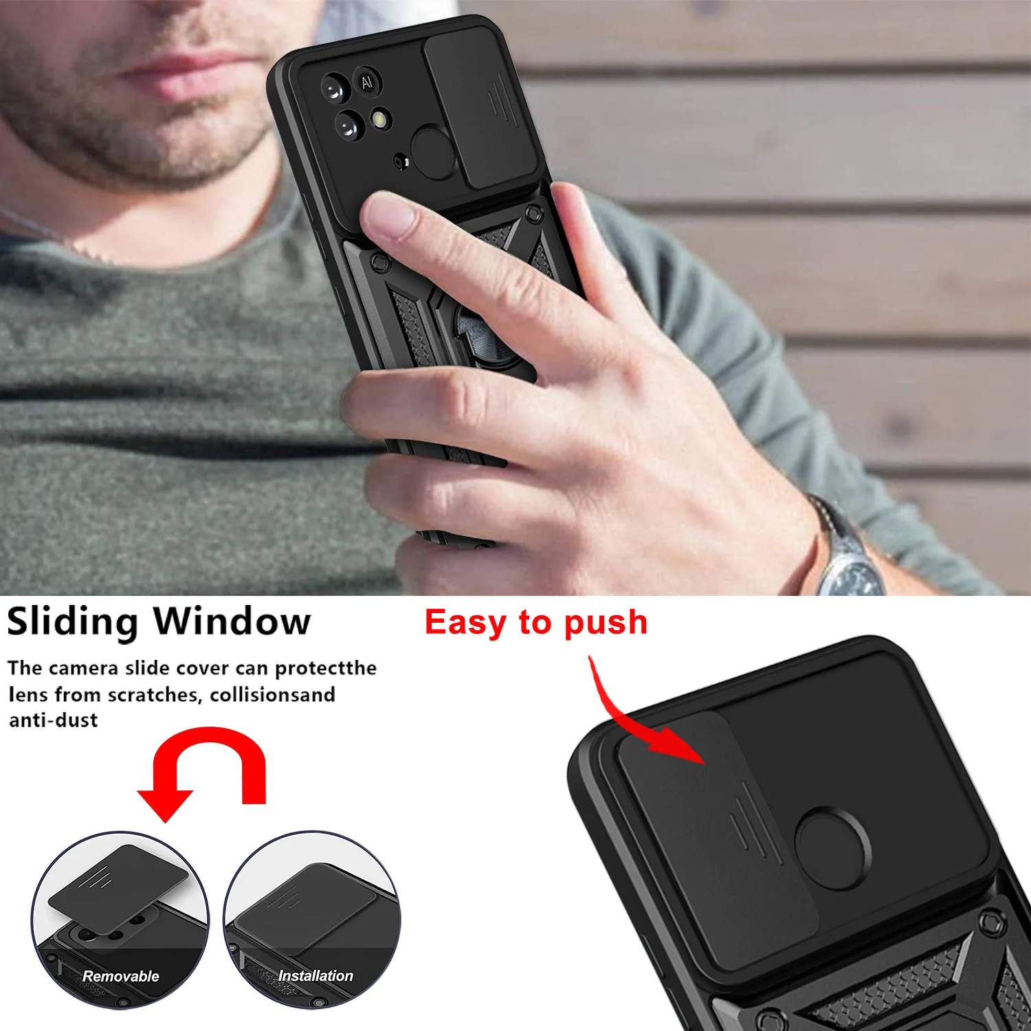 For Xiaomi Redmi 10C Case Slide Camera Magnetic Car Holder Ring Shockproof Armor Phone Cases For Redmi 10 C Back Cover