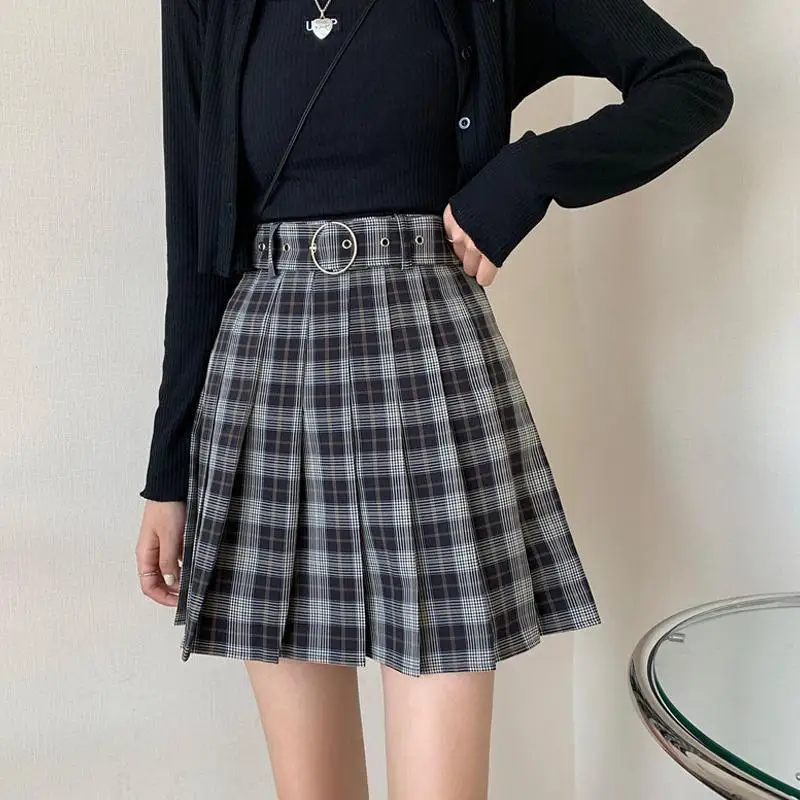 Baju jalanan Gotik rok pendek Fashion pinggang tinggi rok wanita musim gugur musim dingin Grunge Harajuku Mini lipit kotak-kotak