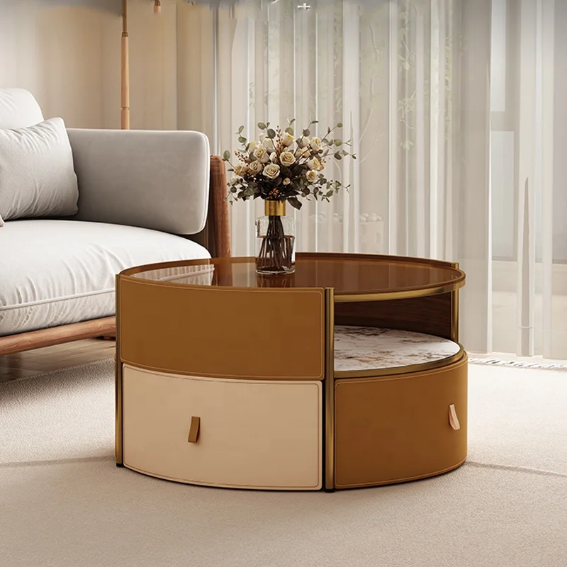 Creative Leather Glass Round Tea Table With Stool Modern coffee Table