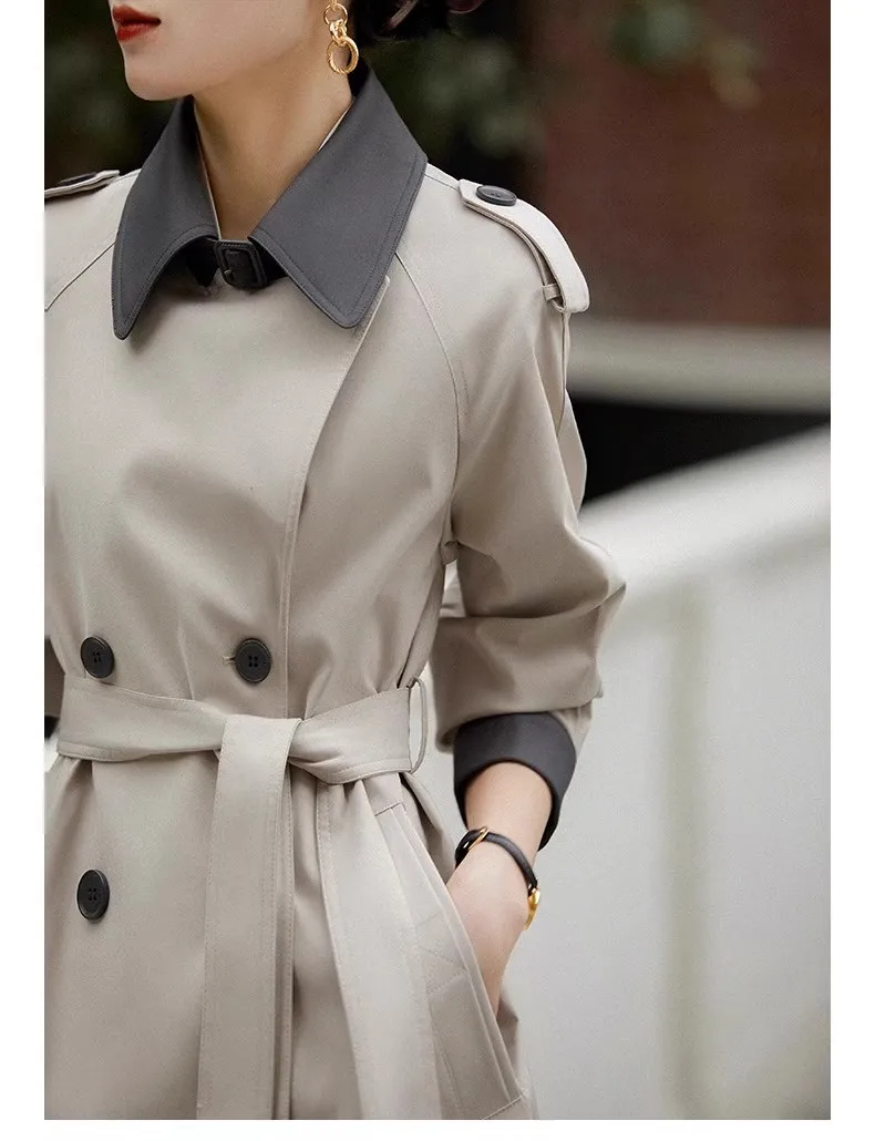 

Spring and Autumn New Women's Trench Coat, Fashionable Commuting Solid Color Double Row Button Long Trench Coat