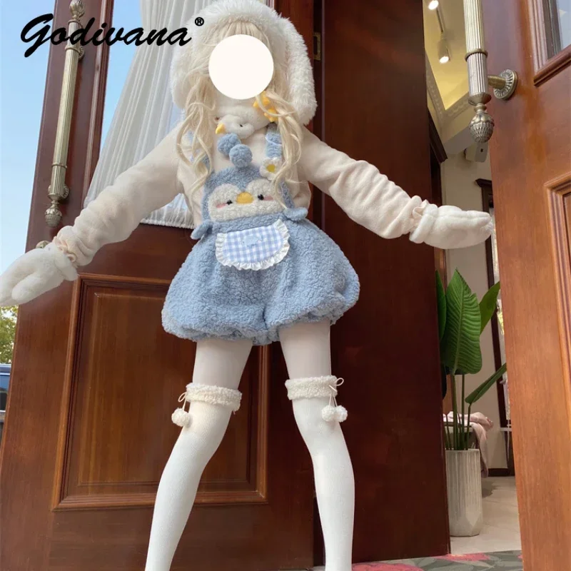 New Autumn and Winter Penguin Animal Plush Bud Suspender Pants Shorts Fur Ball Long Sleeve Basic T-shirt Tops 2 Piece Set Women